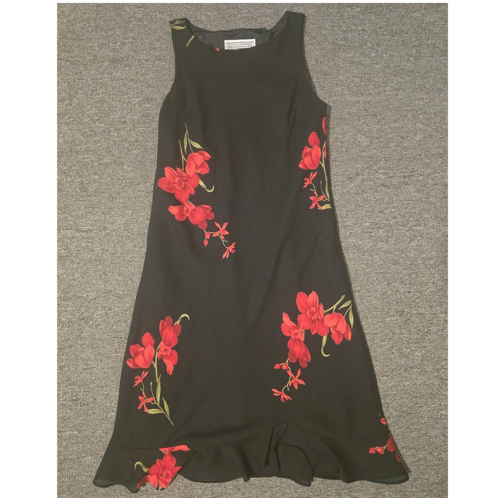 Jessica Howard Floral Dress‎ Sleeveless Ruffle Hem Black Dress Size 10